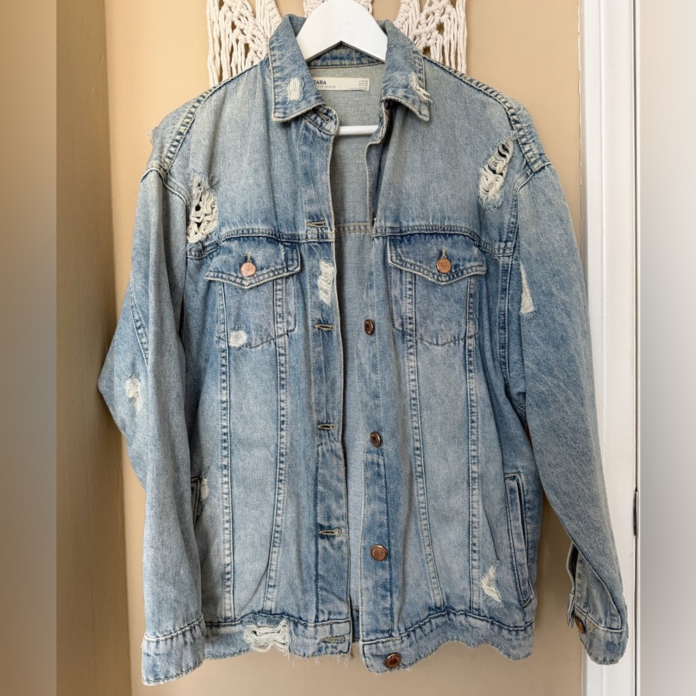 Zara Light Blue Oversized & Distressed Jean Jacket